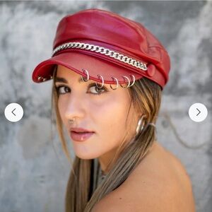 Red Faux Leather Fisherman Cap chain discodisiac